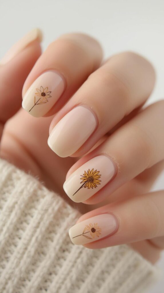 4. Minimal Sunflower Accent Nails