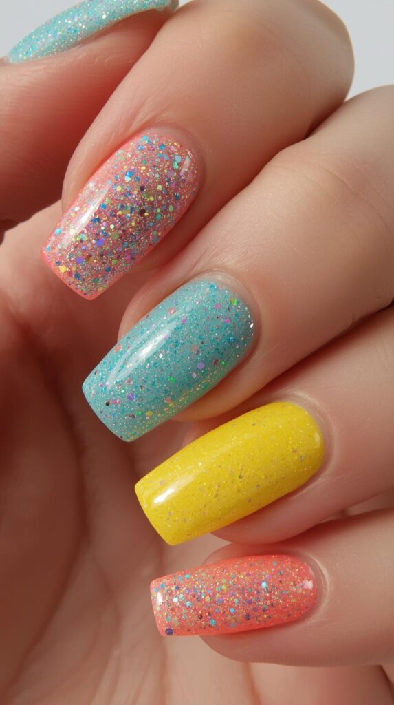 5. Glitter Summer Acrylic Nails