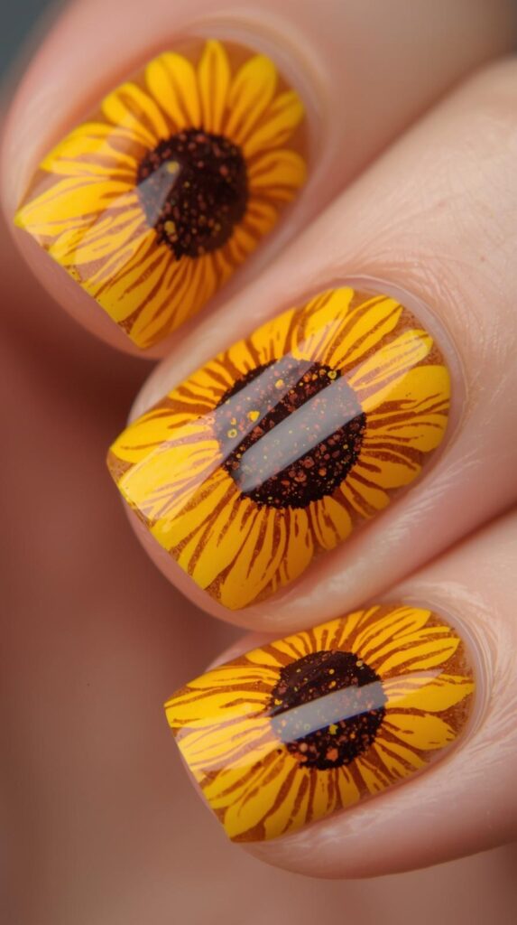 6. Glossy Sunflower Nails
