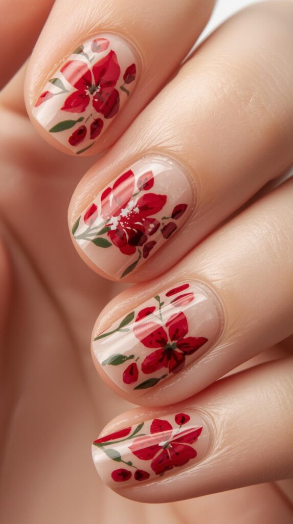 6. Red Floral Nails