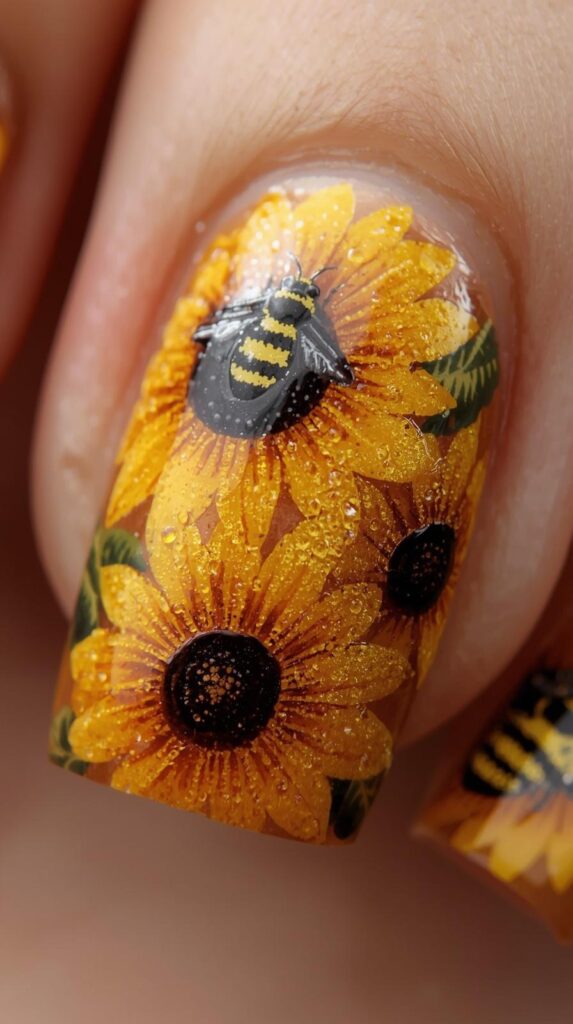 7. Sunflower & Bee Nail Art