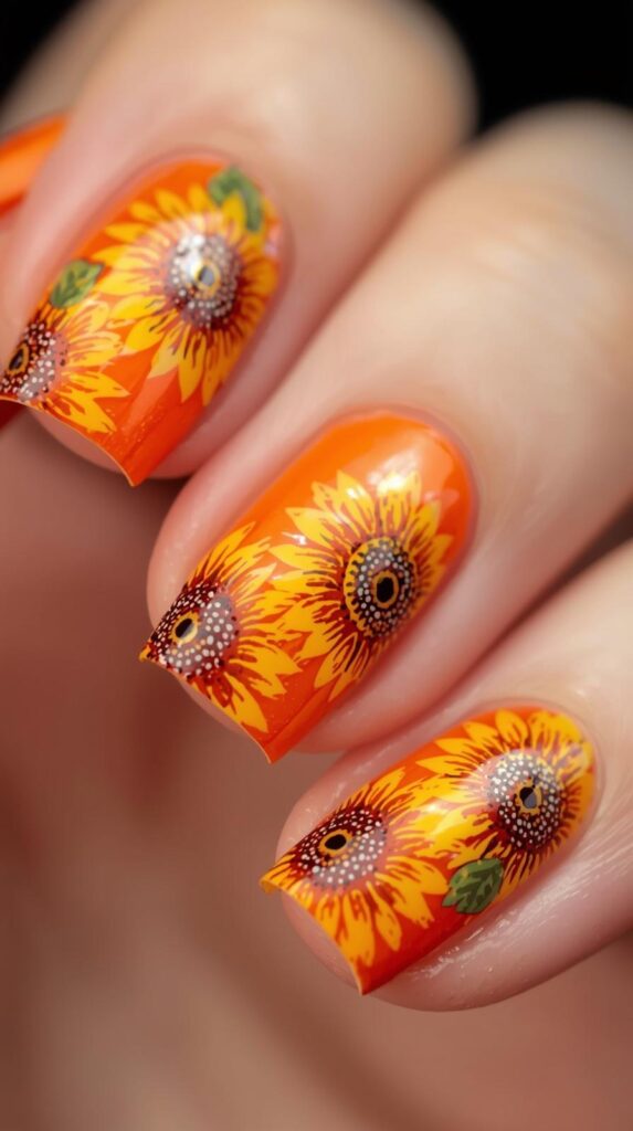 8. Bright Orange Sunflower Nails
