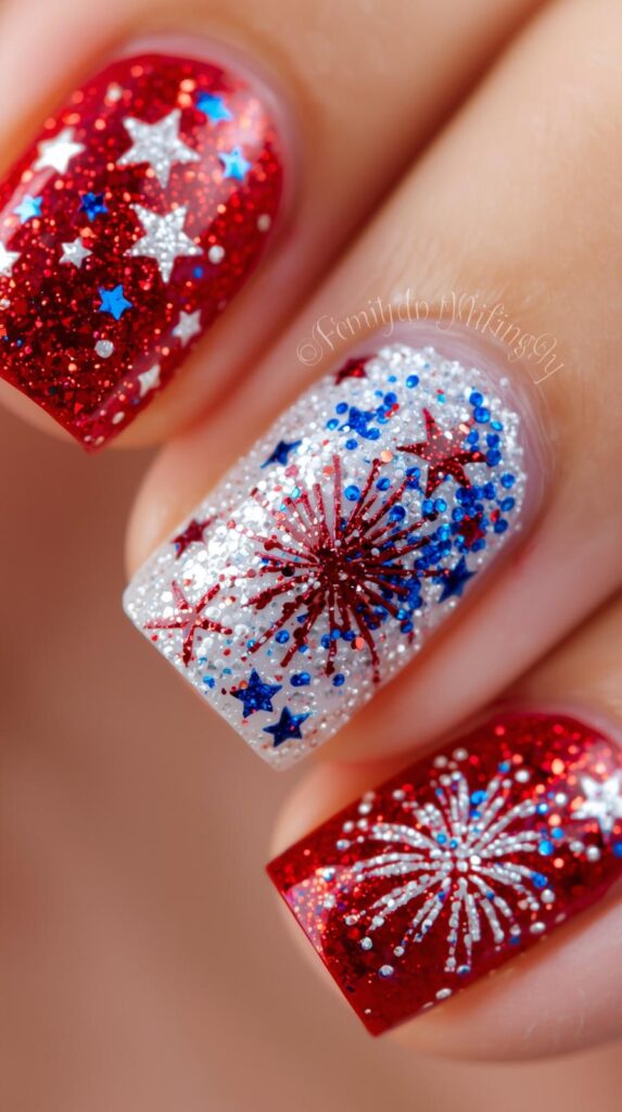 8. Glitter Fourth of July Nails