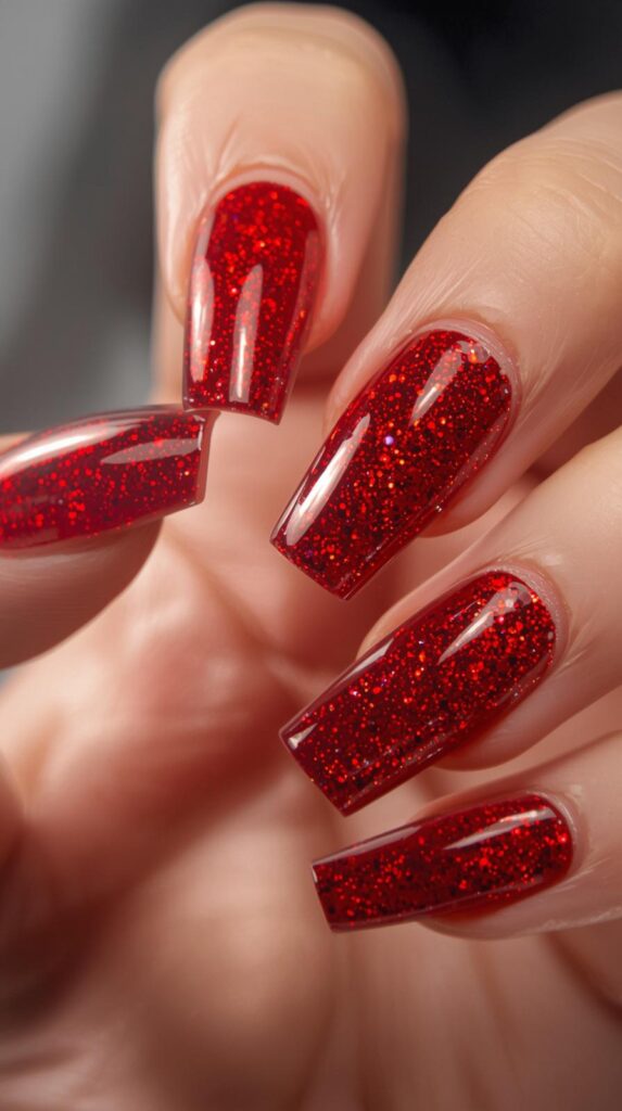 8. Glitter Red Nails