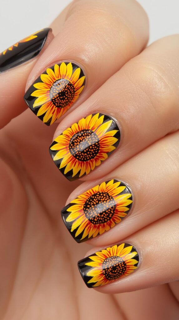 9. Black & Yellow Sunflower Nails