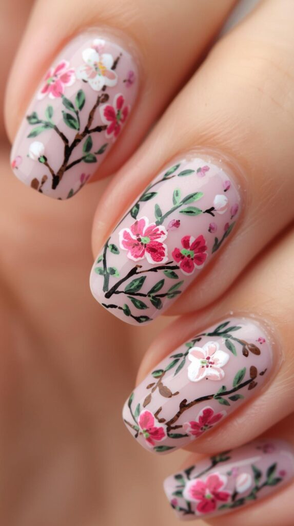 9. Floral Nude Nail Designs